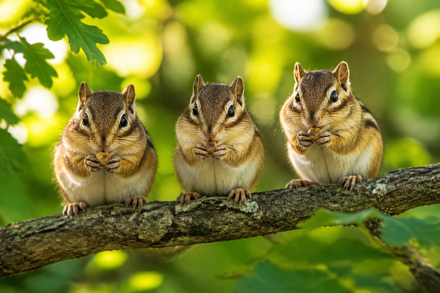 Three chipmunks sitting on a tree branch surrounded by green leaves in a natural outdoor setting.