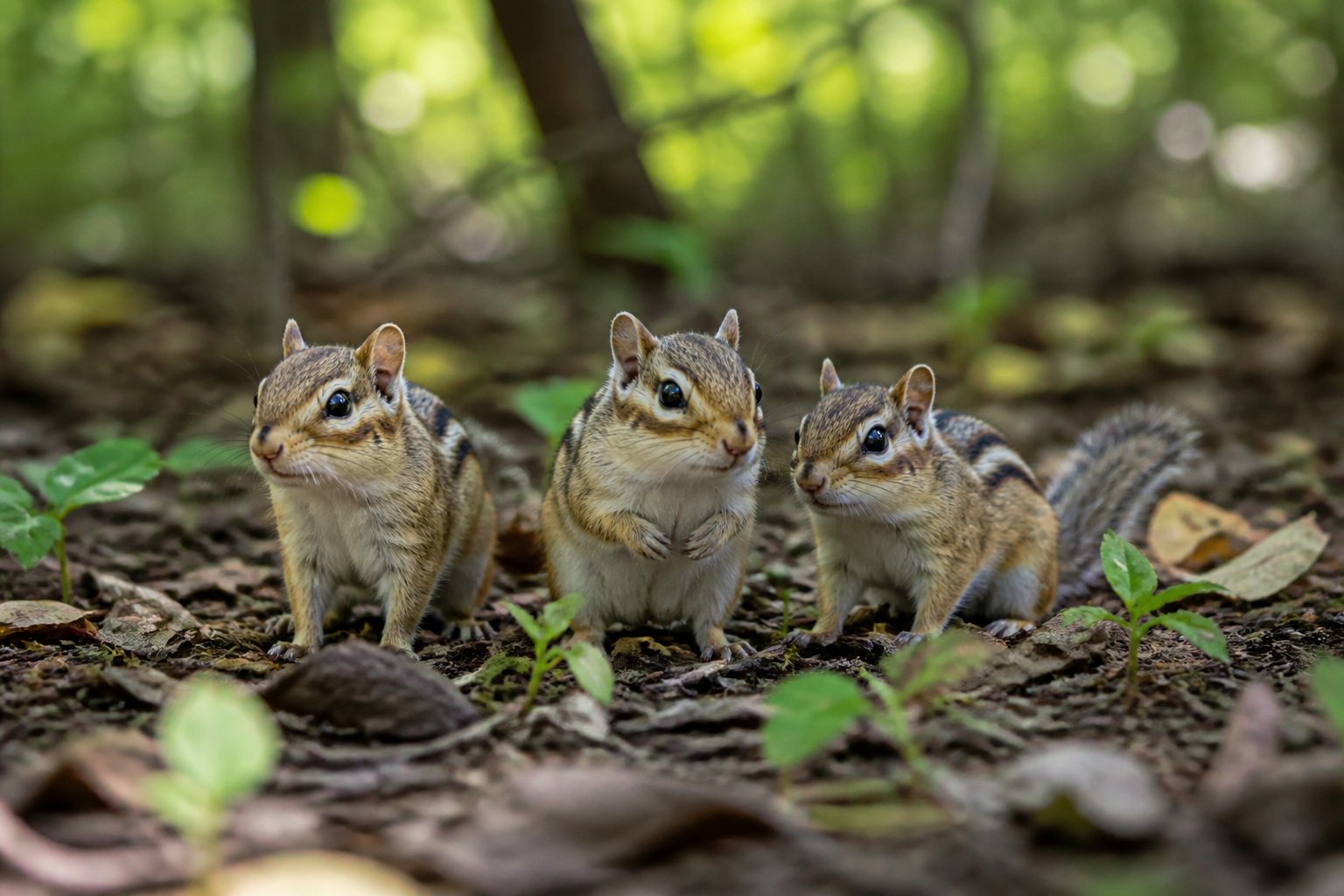 Three chipmunks standing together on a forest floor with green plants and leaves around them.