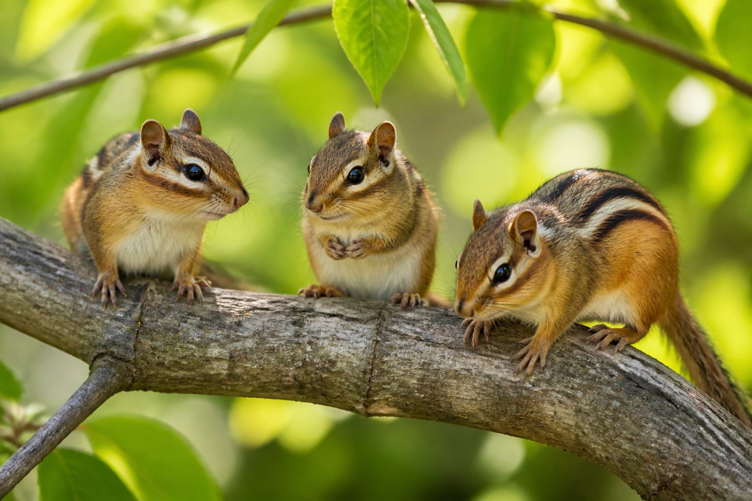 Three chipmunks sitting on a tree branch surrounded by green leaves in a natural outdoor setting.