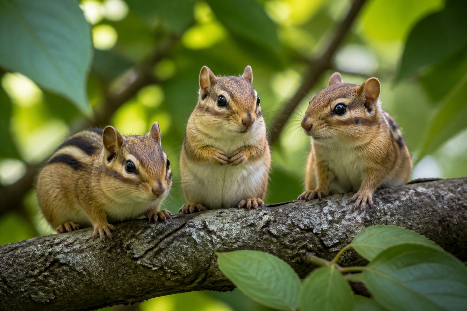 Three chipmunks sitting on a tree branch surrounded by green leaves in a natural outdoor setting.