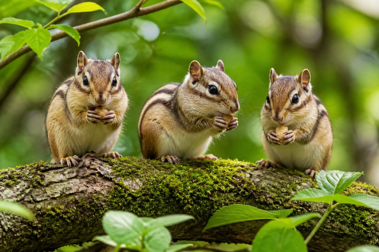 Three chipmunks sitting on a mossy tree branch surrounded by green leaves in a forest.