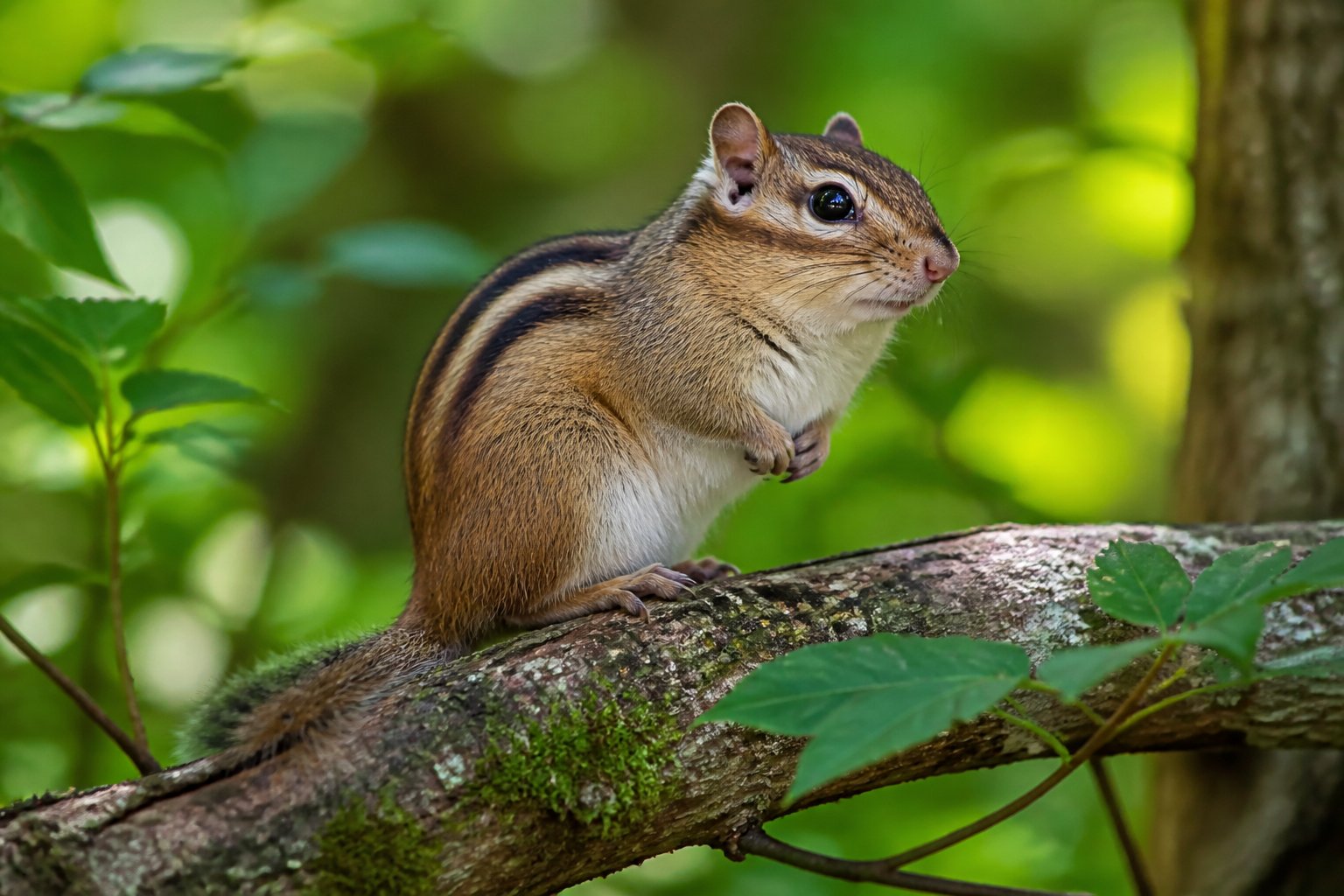 A chipmunk sitting on a tree branch surrounded by green leaves in a forest.