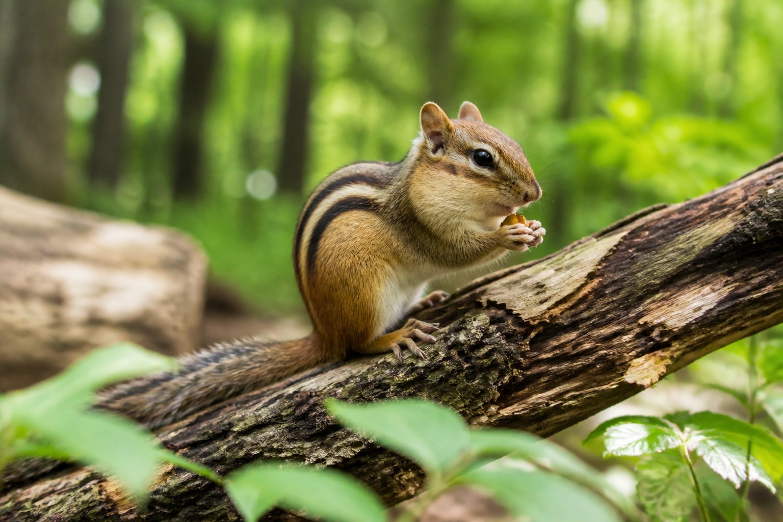 A chipmunk sitting on a tree branch surrounded by green leaves in a forest.