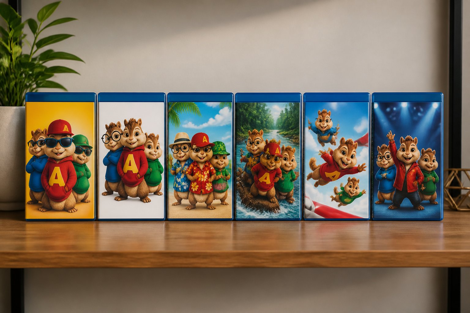 A collection of Chipmunks movie cases arranged in order on a wooden shelf.