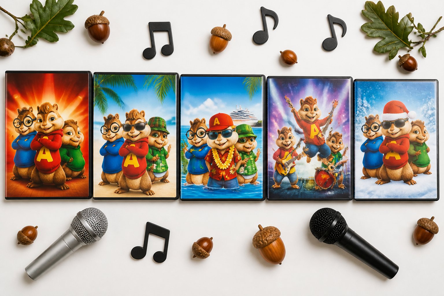 A flat lay of Chipmunks movie cases arranged in order with small themed props like microphones and acorns on a white background.