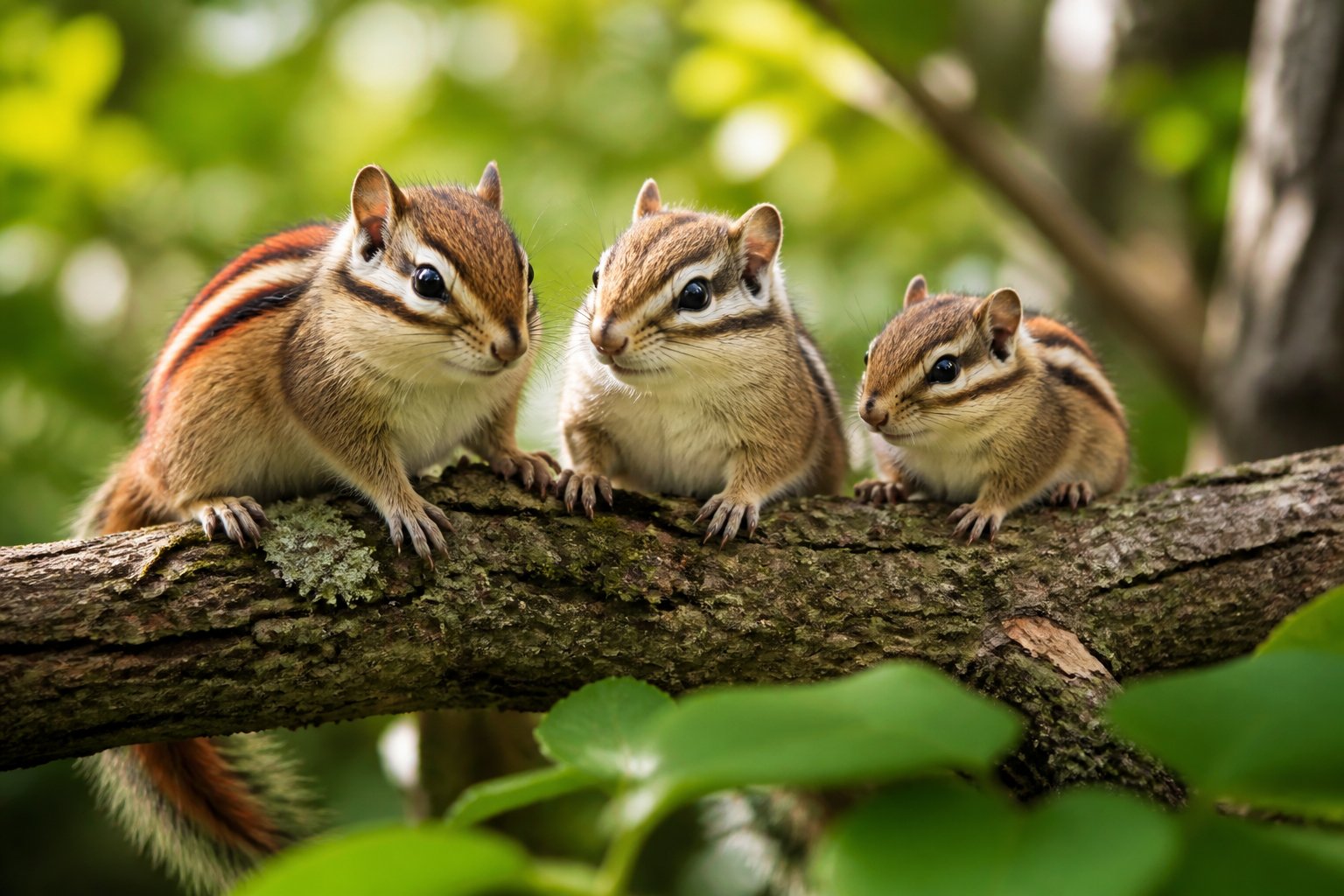 Three chipmunks sitting closely together on a tree branch surrounded by green forest foliage.