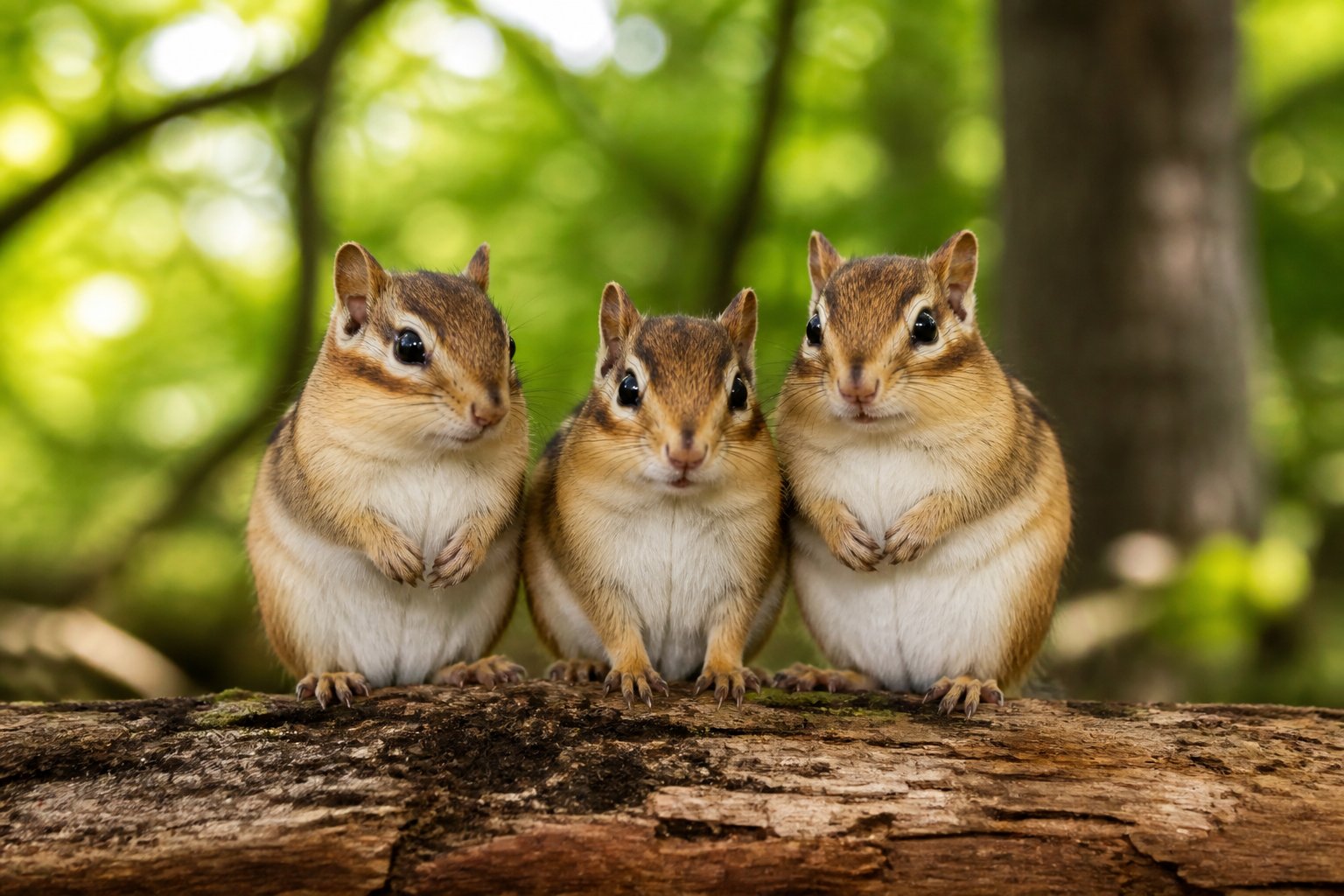Three chipmunks sitting together on a log in a forest with green foliage and sunlight.