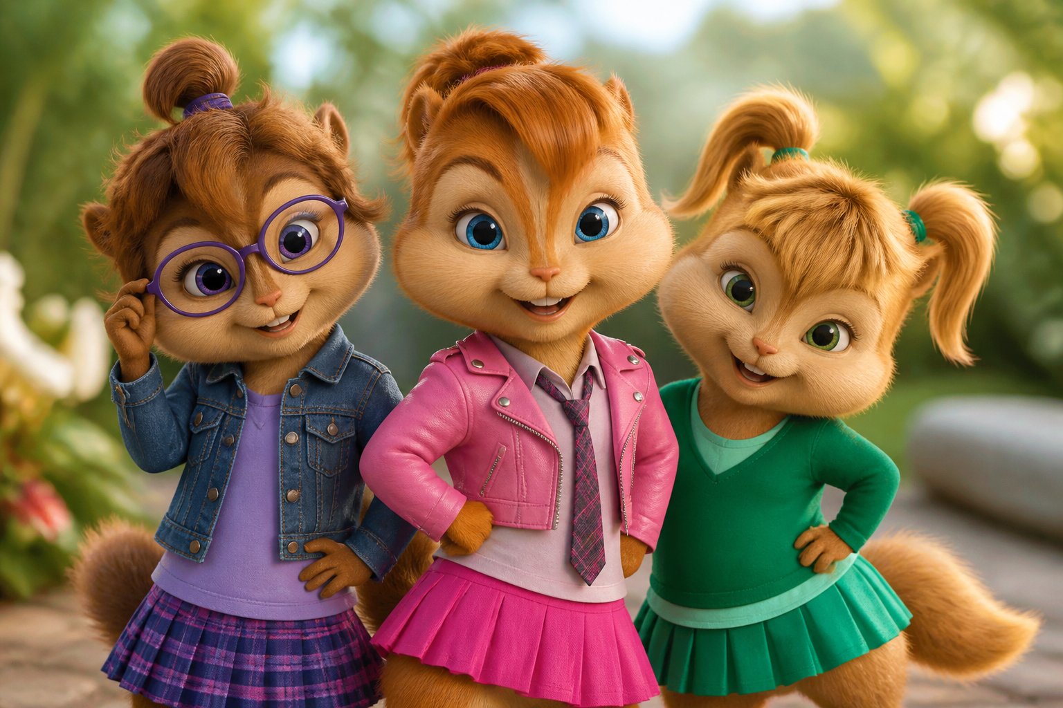 Three female chipmunks standing together outdoors, smiling and wearing colorful outfits.