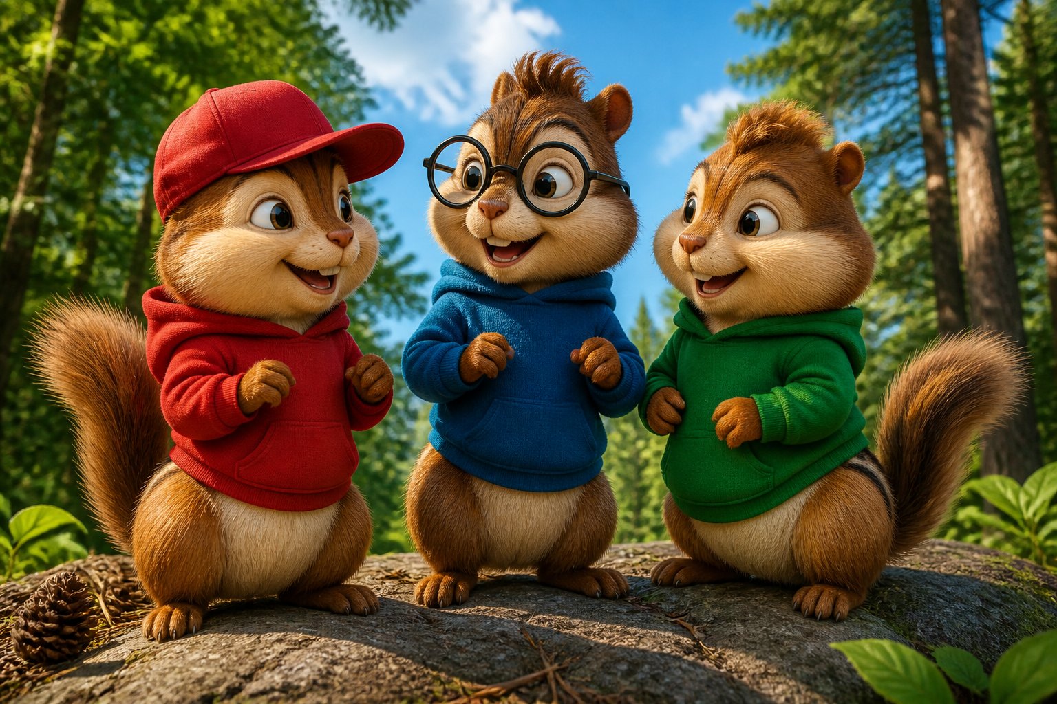 Three animated chipmunks wearing colorful clothes standing together in a sunny forest, smiling and interacting playfully.