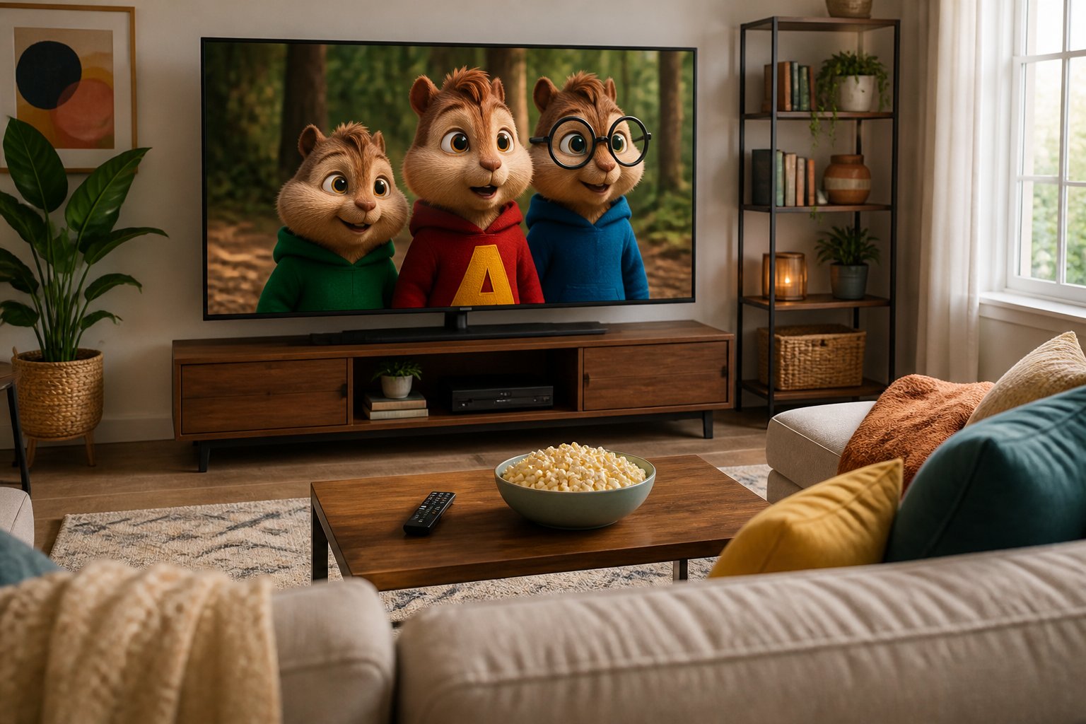 A living room with a large TV showing an animated movie featuring chipmunk characters, a sofa with cushions, a coffee table with popcorn, and a remote control.