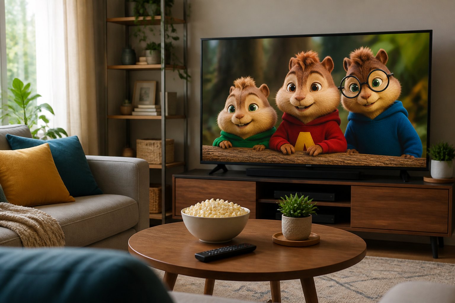 A living room with a large TV showing an animated chipmunks movie scene, a couch with cushions, a coffee table with popcorn, and natural light coming through a window.