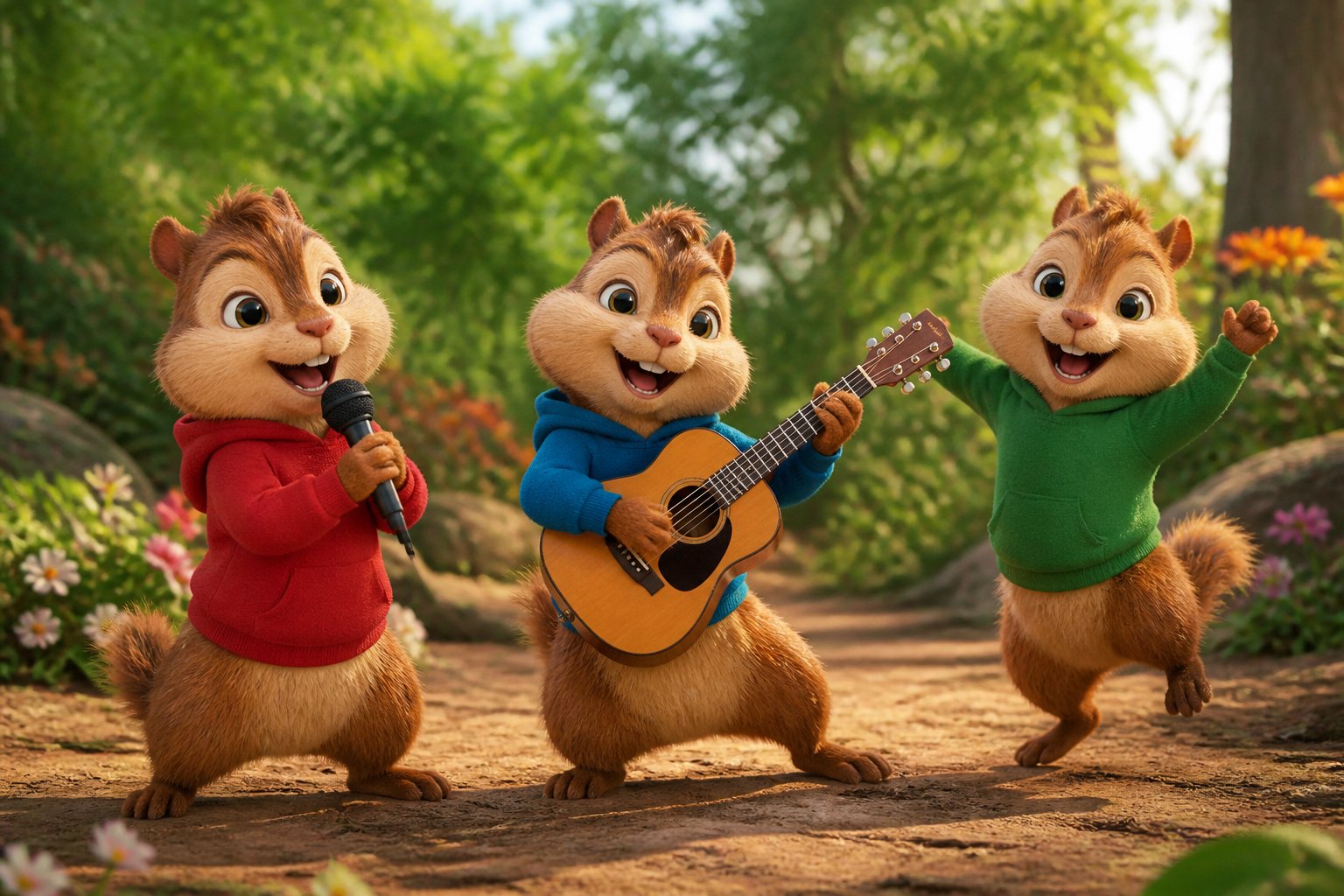 Three animated chipmunks playing music and dancing in a sunny forest.