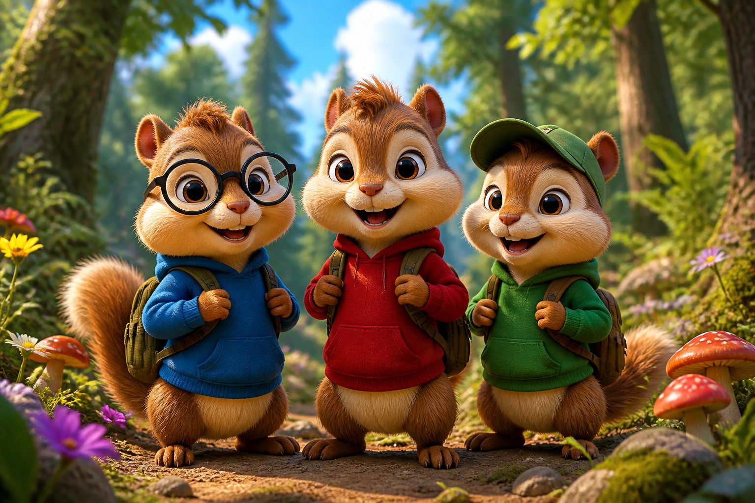 Three cheerful chipmunks standing together in a bright forest with trees and sunlight.