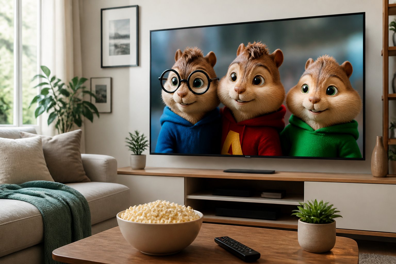 A cozy living room with a flat-screen TV showing an animated chipmunk movie scene, a sofa, coffee table with popcorn, and natural light from a window.