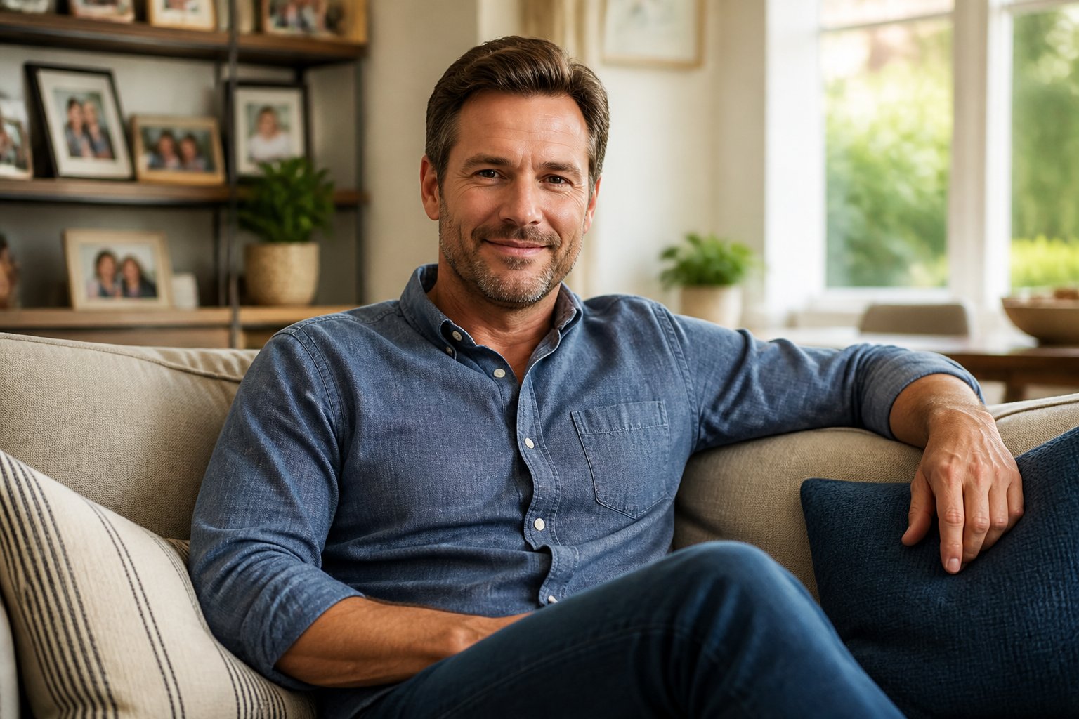 A middle-aged man sitting on a couch in a cozy living room, looking kind and caring.