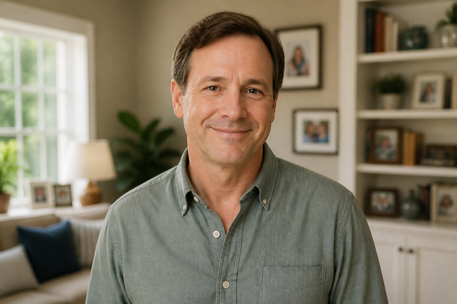 A middle-aged man with short brown hair and a gentle smile standing in a cozy family living room.