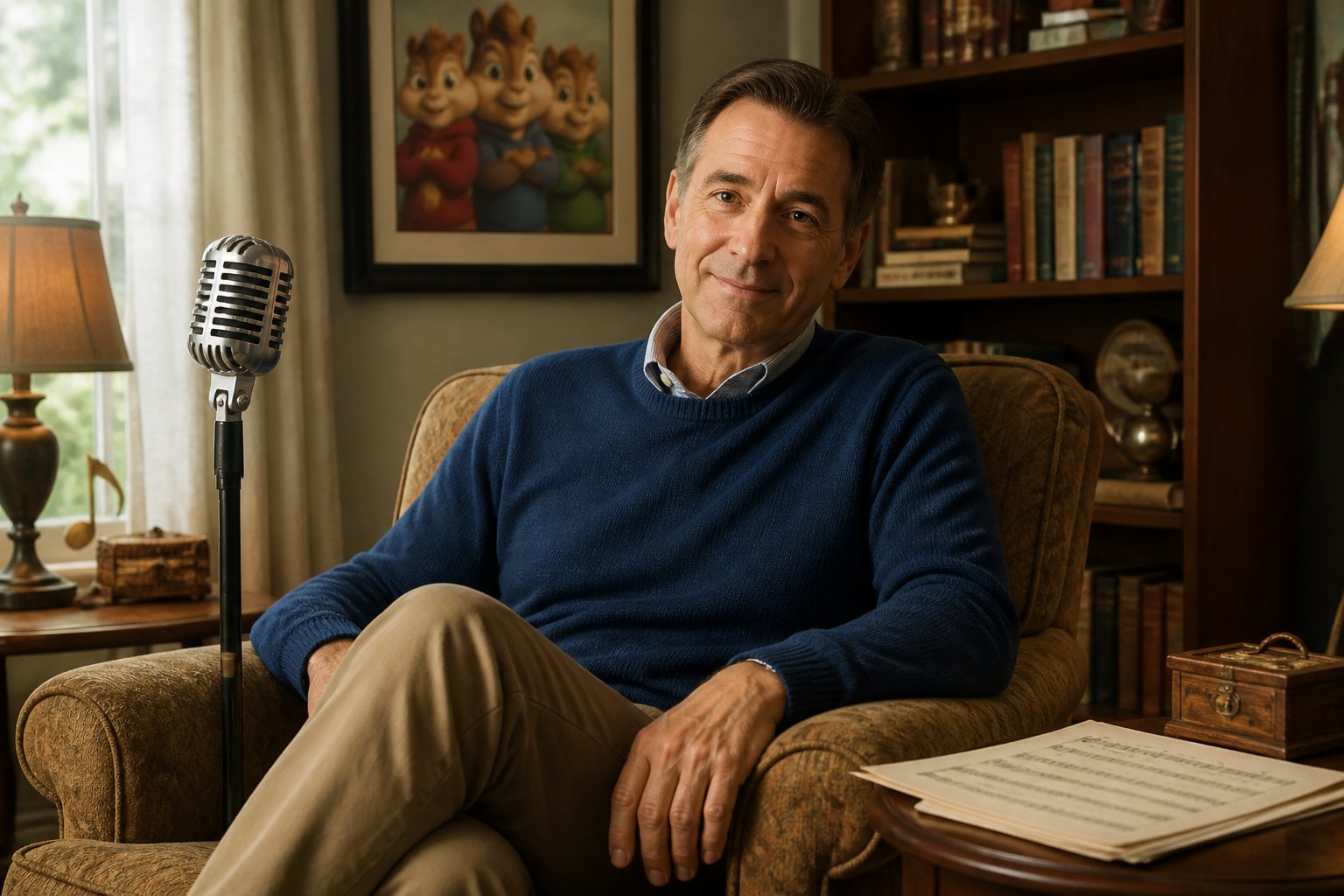 A middle-aged man sitting in a cozy living room with music-themed items and a framed photo of three chipmunks on the wall.