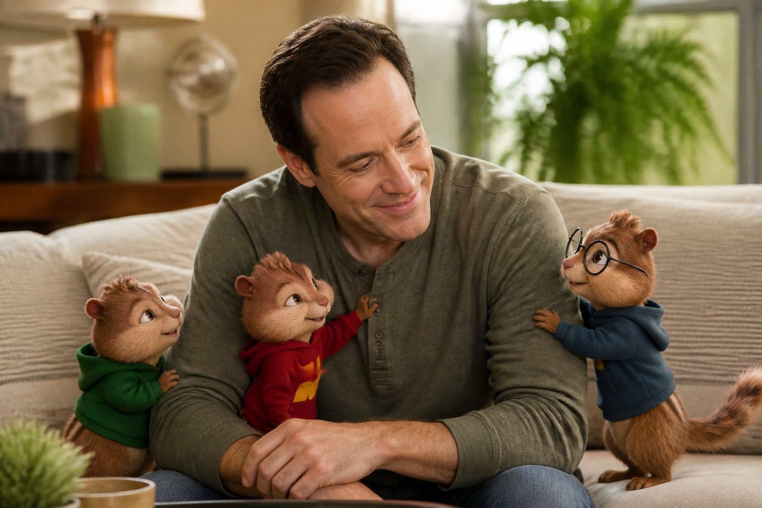 A man named Dave Seville sitting in a living room with three chipmunks gathered around him, showing a warm family moment.