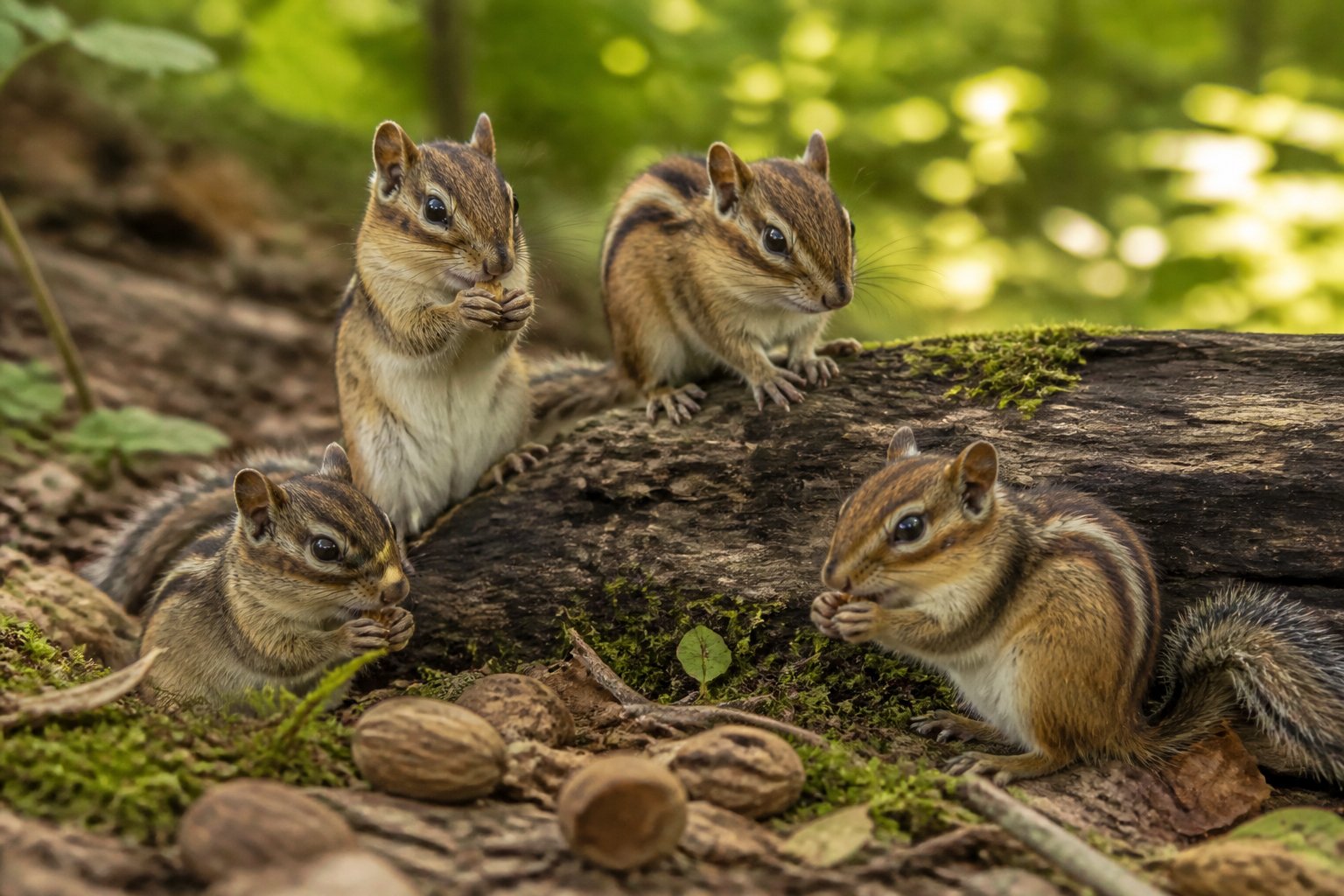 A group of chipmunks in a forest setting among green leaves and branches.