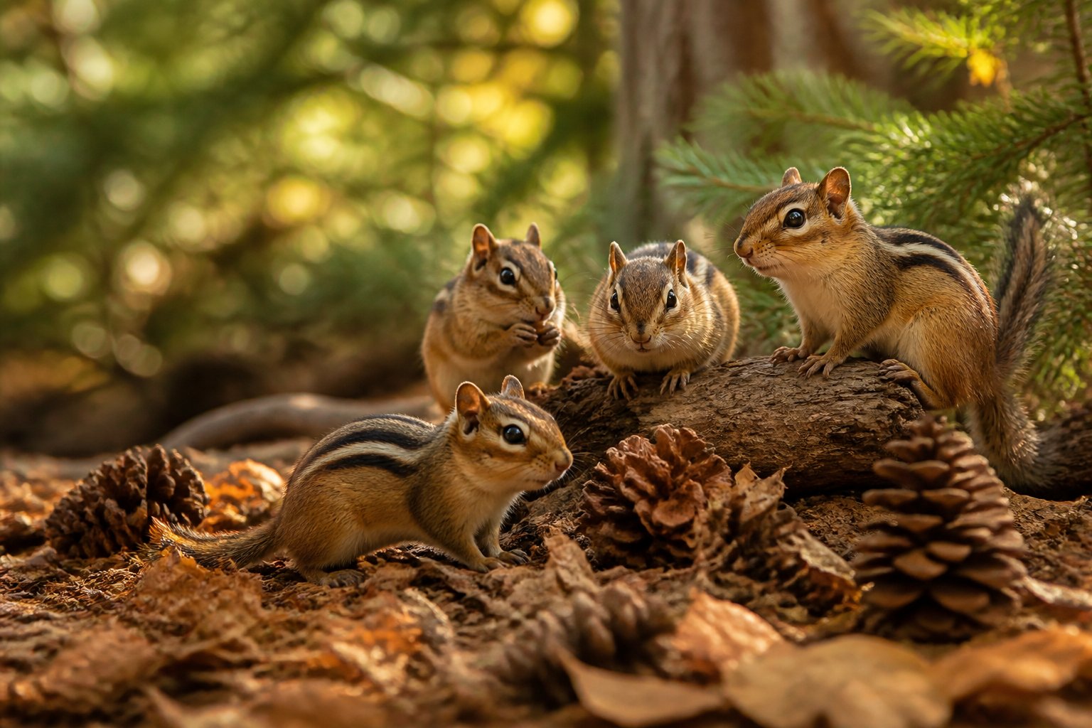 Several chipmunks playing among autumn leaves and pinecones on a forest floor with sunlight filtering through the trees.