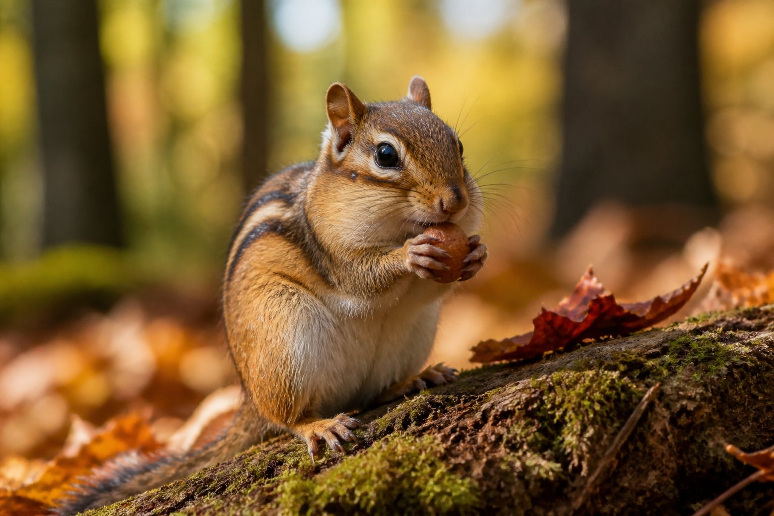 A chipmunk sitting on a mossy log in a forest, holding a nut with autumn leaves around.