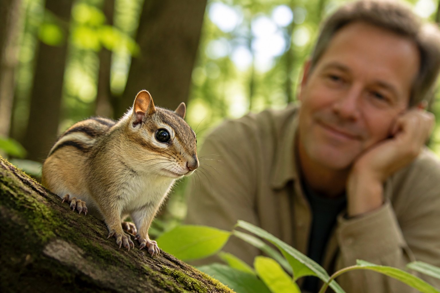 A young chipmunk on a tree branch with a blurred adult person watching in the background in a forest.