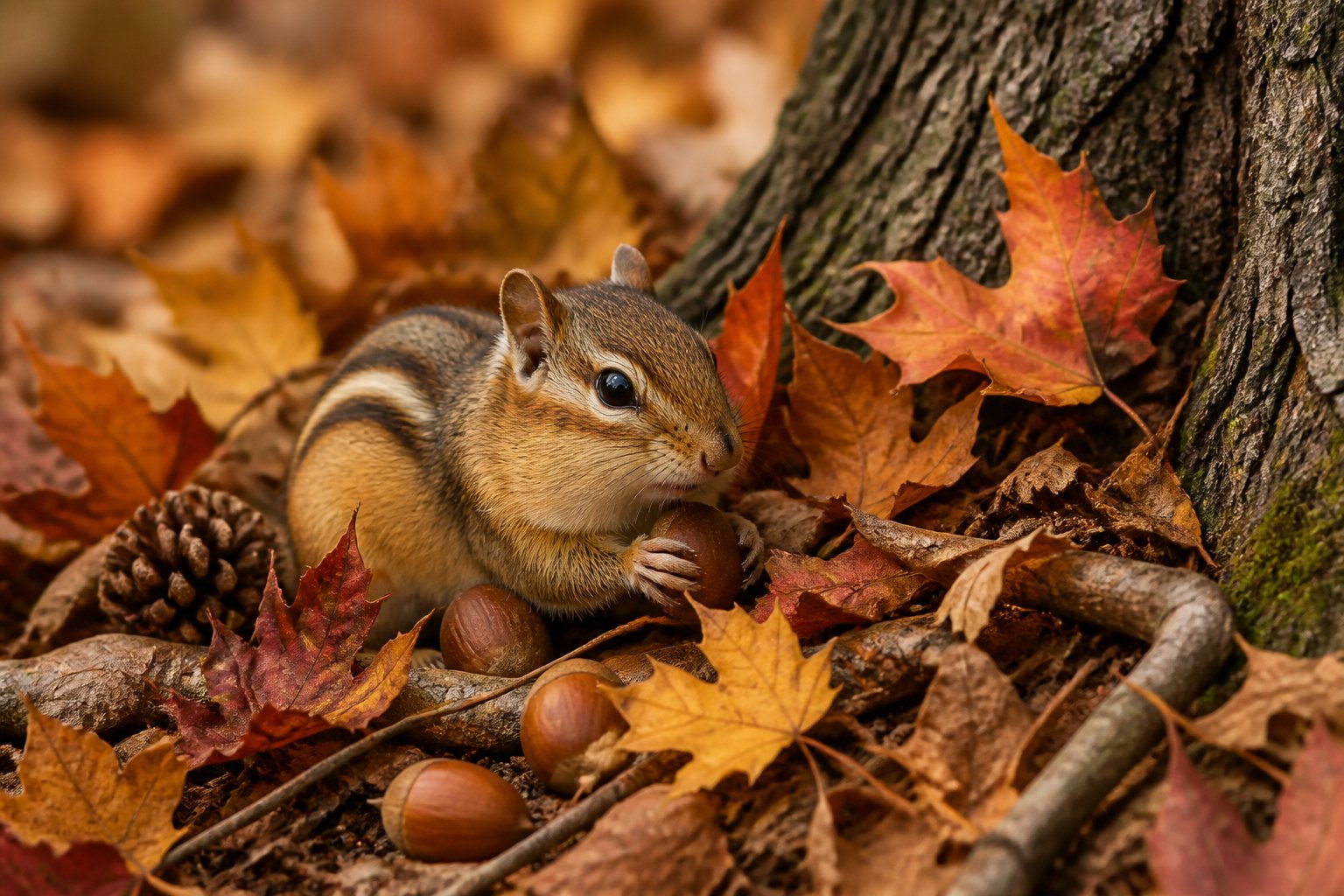 A chipmunk nestled among fallen autumn leaves near a tree trunk in a forest during late fall.