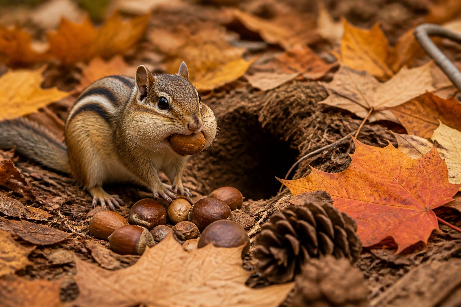 A chipmunk gathering nuts near its burrow surrounded by fallen autumn leaves in a forest.
