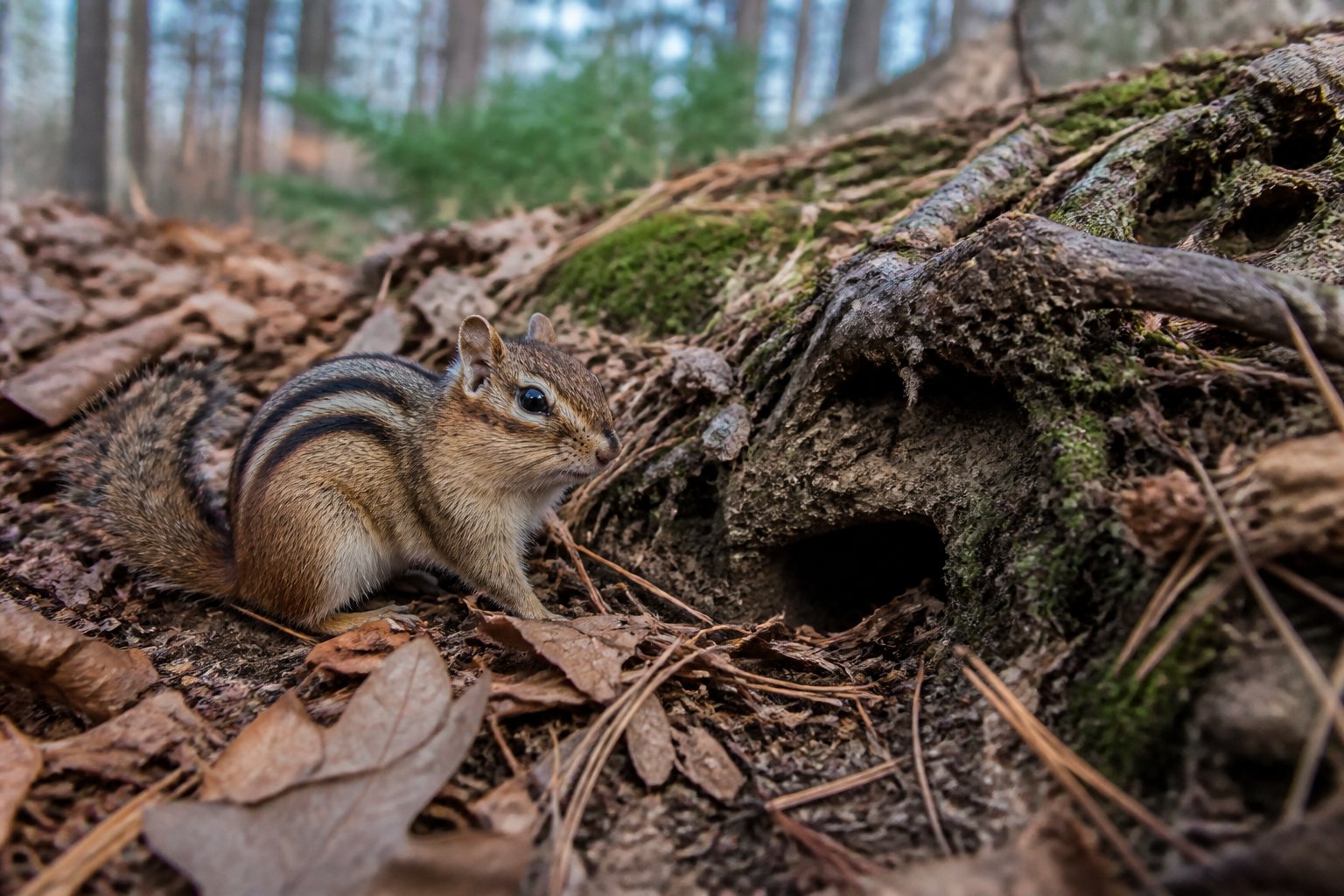 A chipmunk near the entrance of its underground burrow surrounded by fallen leaves and forest floor debris in a woodland setting.