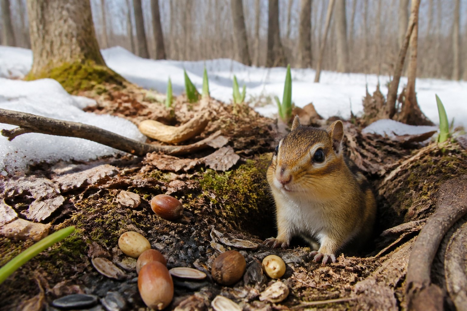 A chipmunk emerging from its burrow in a forest clearing with scattered nuts and early spring plants around.