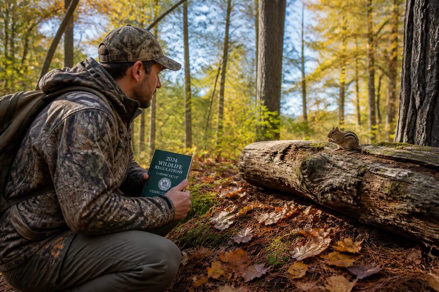 A person in outdoor gear watches a chipmunk in a peaceful forest during early autumn with sunlight filtering through the trees.