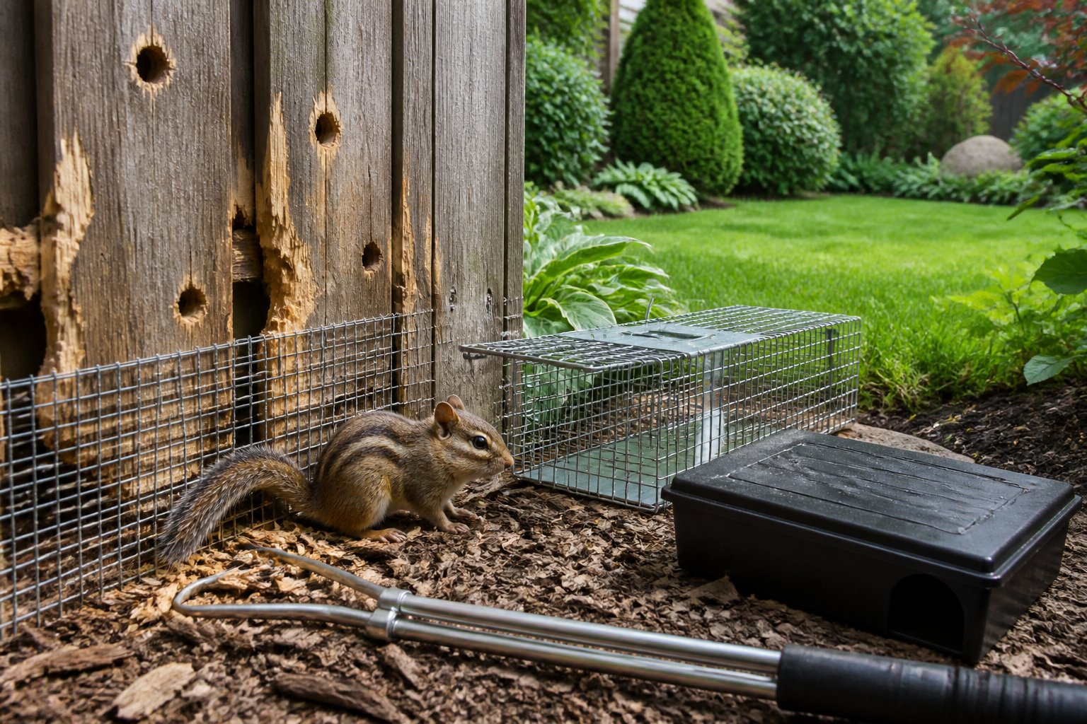 A chipmunk near a wooden fence with gnaw marks, alongside traps and removal tools in a garden setting.