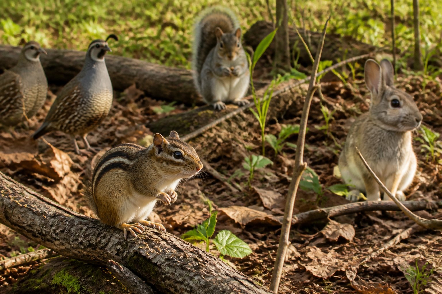 A chipmunk in a forest setting with other small game animals like rabbits and squirrels nearby.