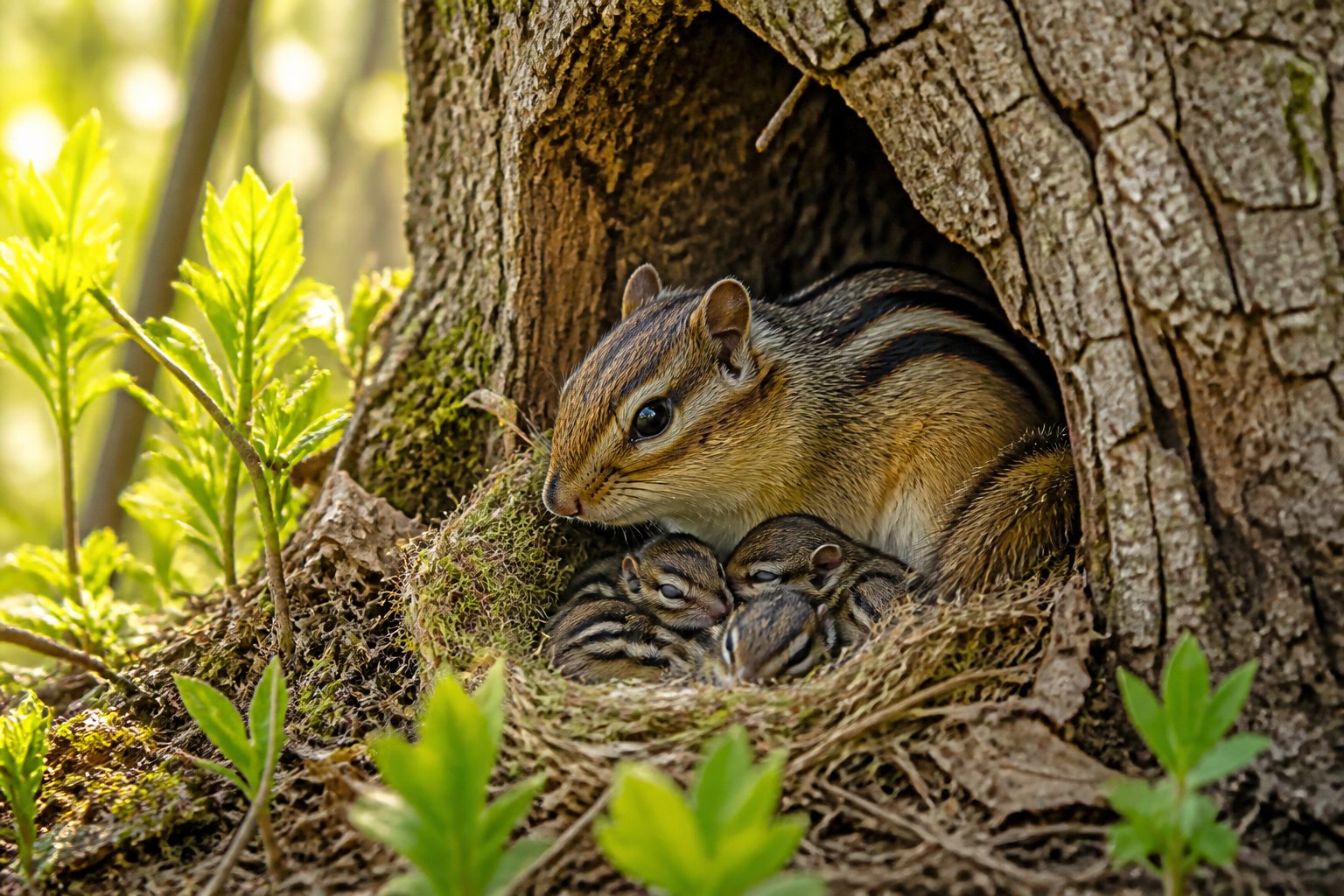A mother chipmunk with her newborn babies in a leafy nest inside a hollow tree trunk in a sunlit spring forest.