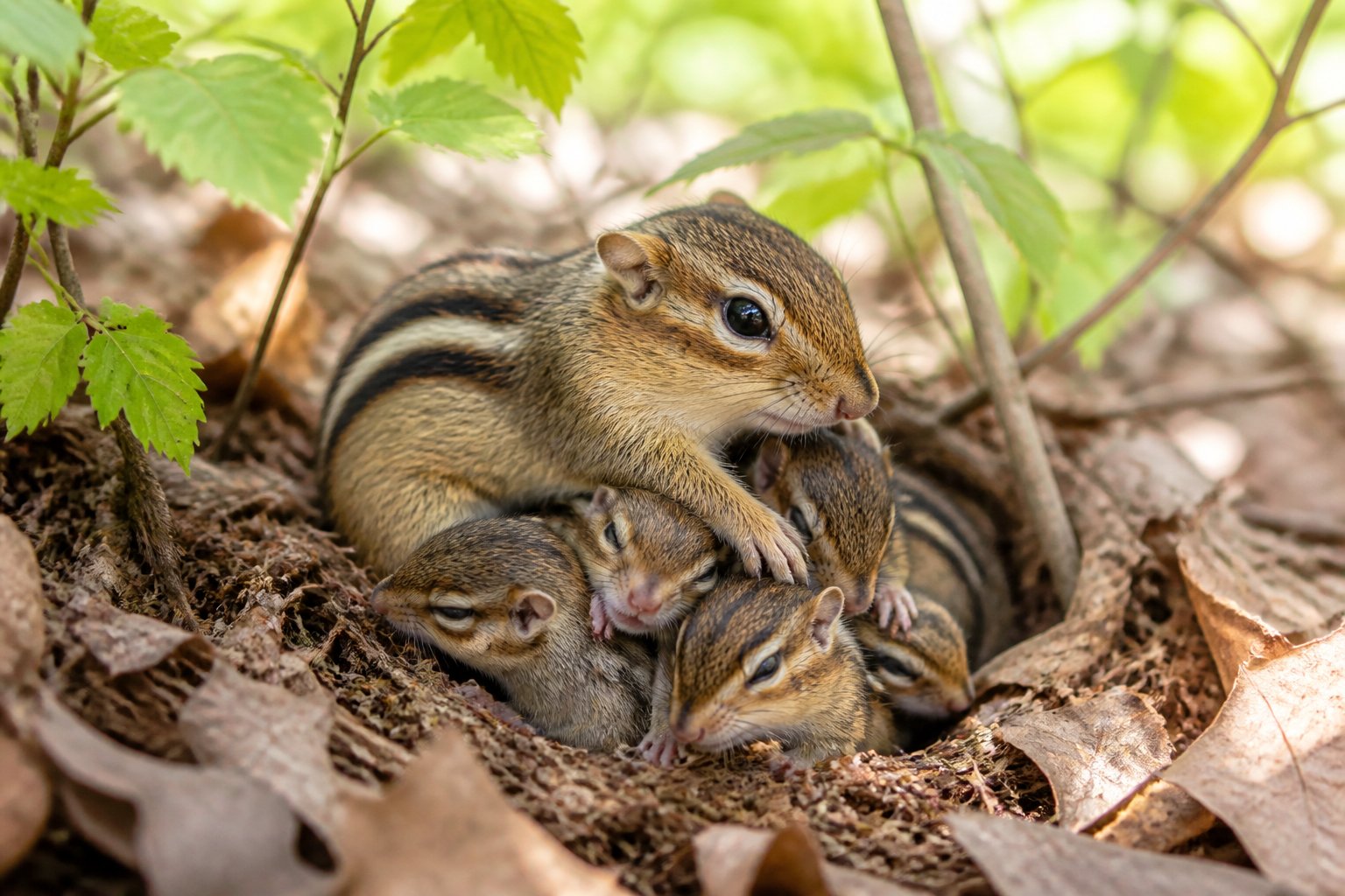 A mother chipmunk with her newborn babies nestled in a leafy nest on the forest floor surrounded by green foliage.