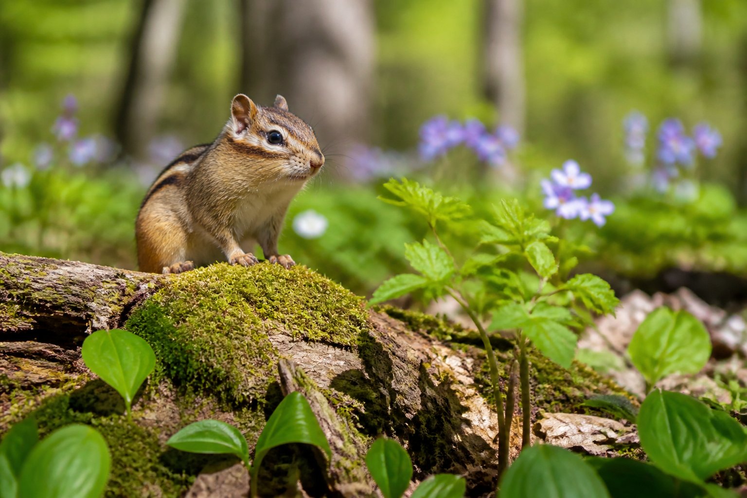 A chipmunk sitting on a mossy log in a forest with fresh green plants and early spring flowers around it.