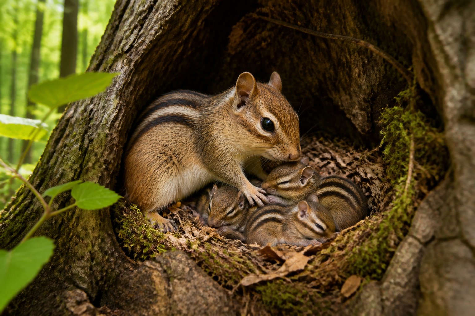 A mother chipmunk caring for her small babies inside a nest in a tree hollow surrounded by green leaves.