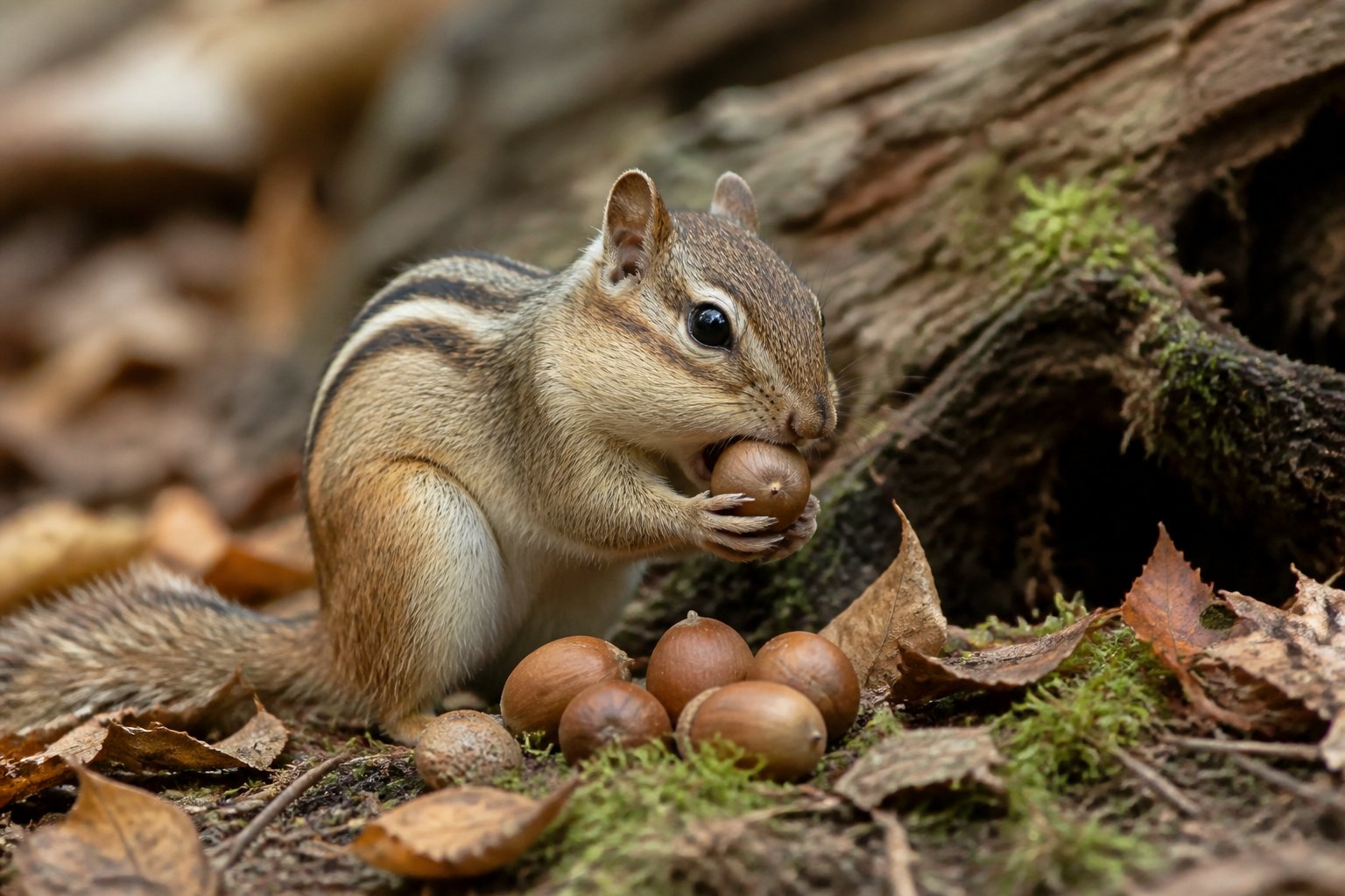 A chipmunk on the forest floor near a small pile of acorns among leaves and twigs.