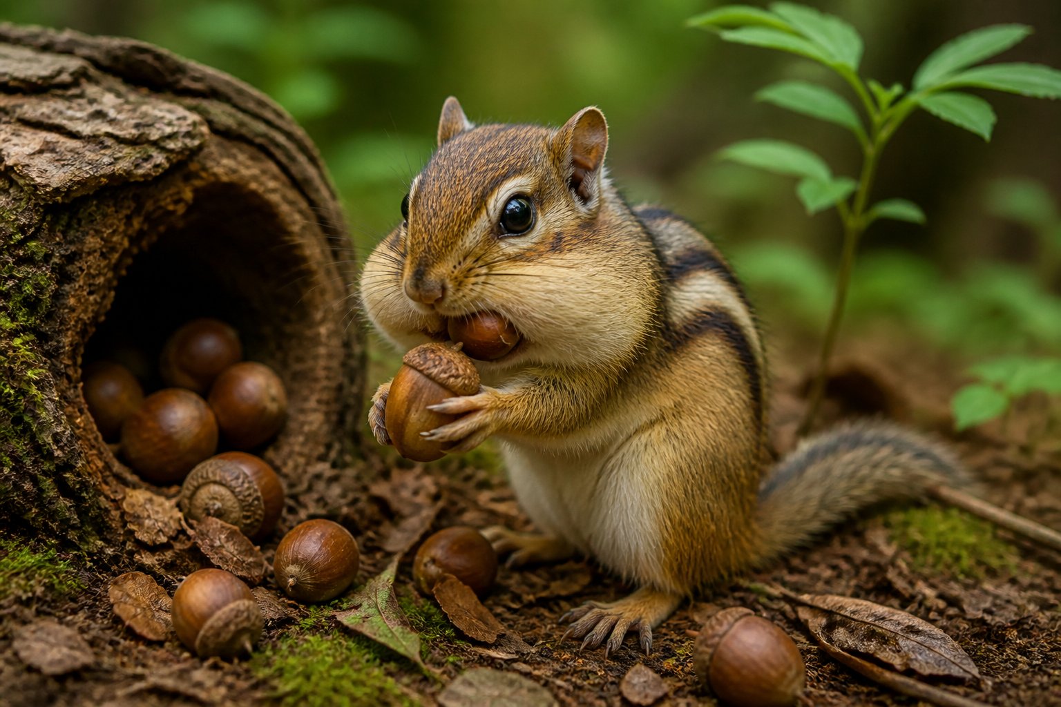 A chipmunk carrying acorns in its cheeks near a burrow entrance surrounded by acorns in a forest.