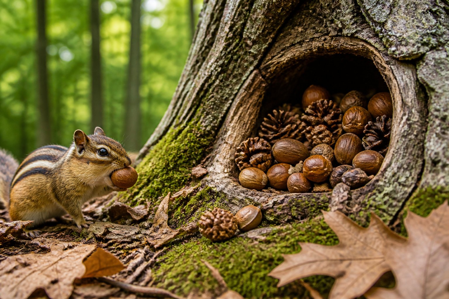 A chipmunk near a hollow tree trunk filled with a variety of nuts and seeds in a forest setting.