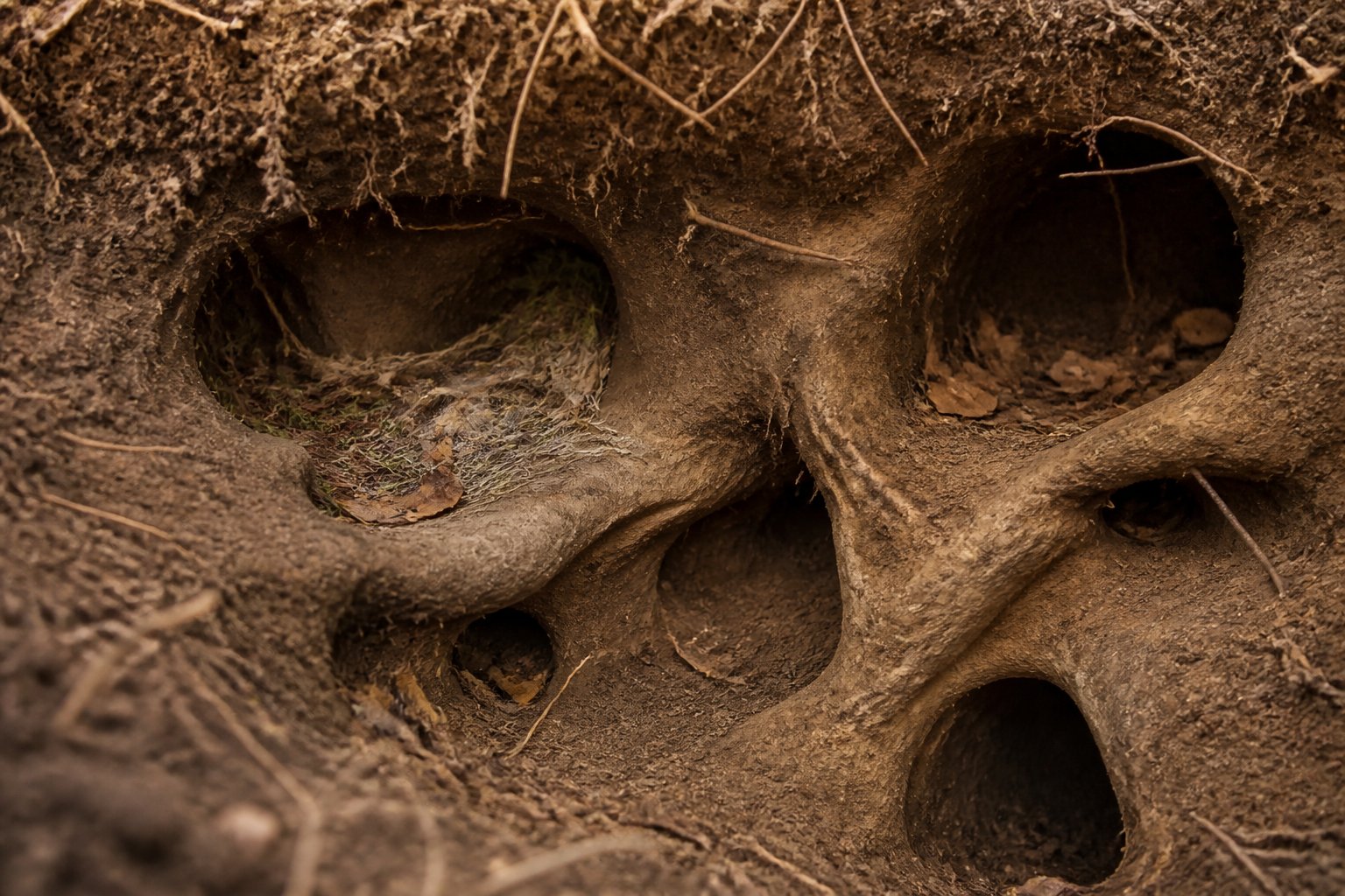 View inside a chipmunk burrow showing tunnels and a cozy nesting area with natural materials.