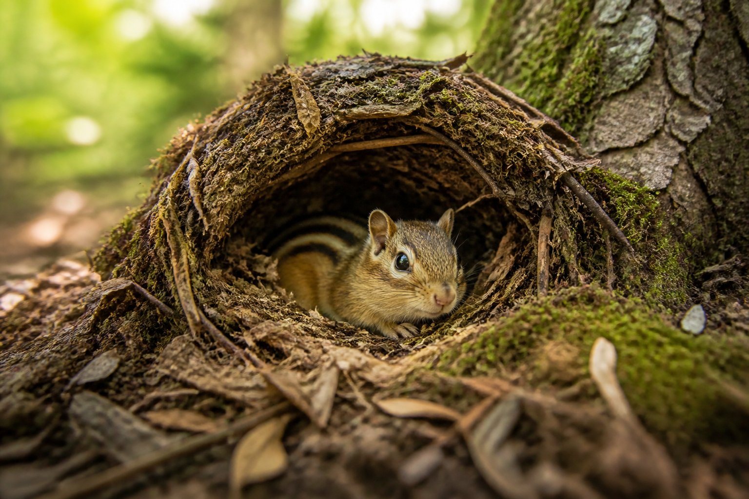 A chipmunk resting inside its nest at the base of a tree surrounded by leaves and moss in a forest.