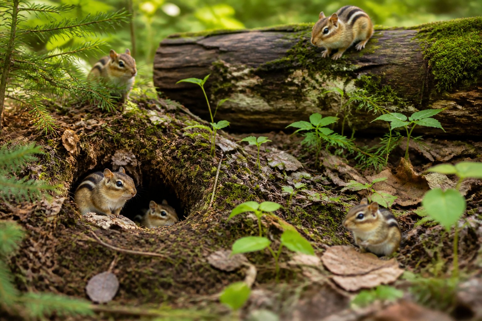 Chipmunks in a forest setting near burrows and natural nesting spots among leaves and logs.