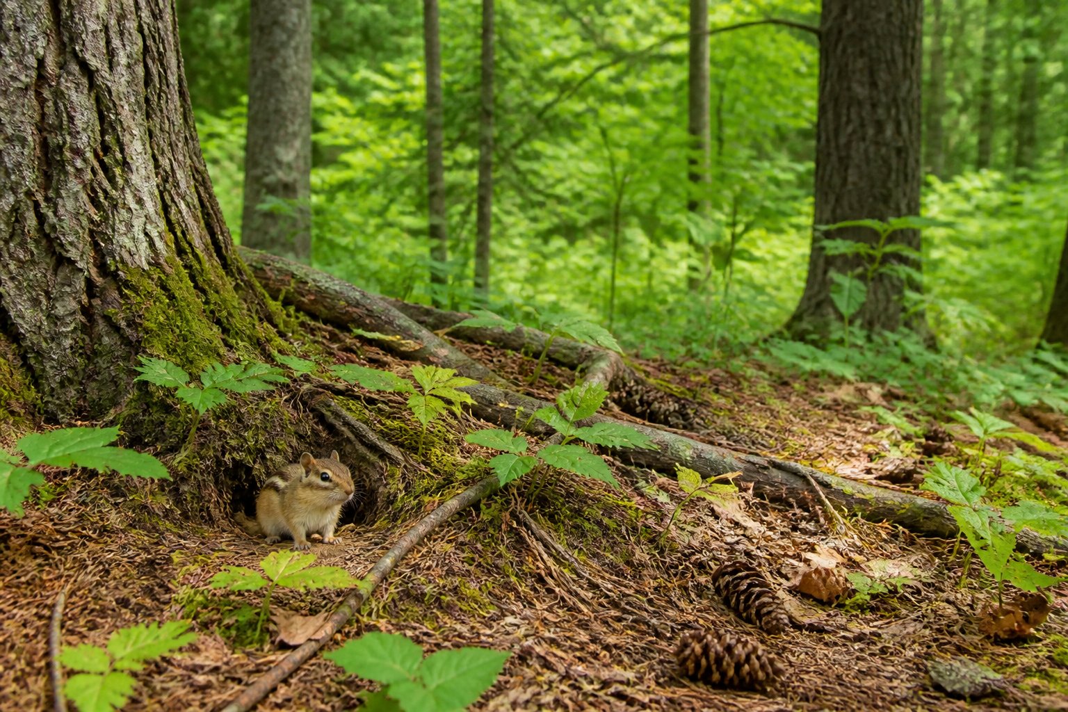A chipmunk near the entrance of its burrow in a forest floor covered with leaves and plants, surrounded by trees.