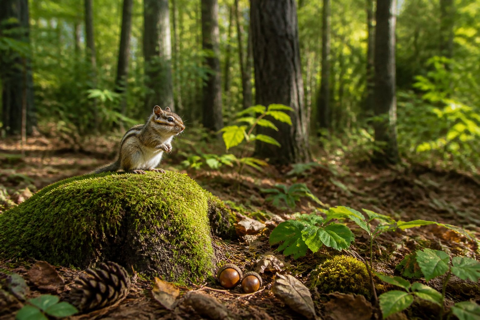 A chipmunk sitting on a mossy rock in a dense forest with trees, leaves, and sunlight filtering through the canopy.