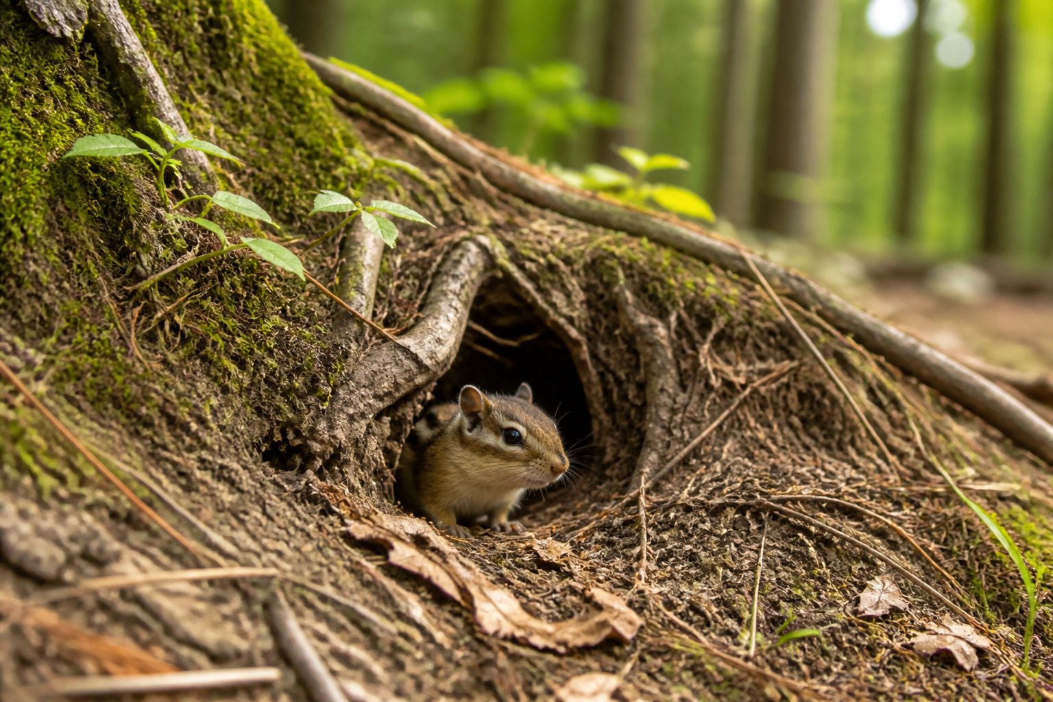A chipmunk near the entrance of its burrow on the forest floor surrounded by leaves, roots, and moss.