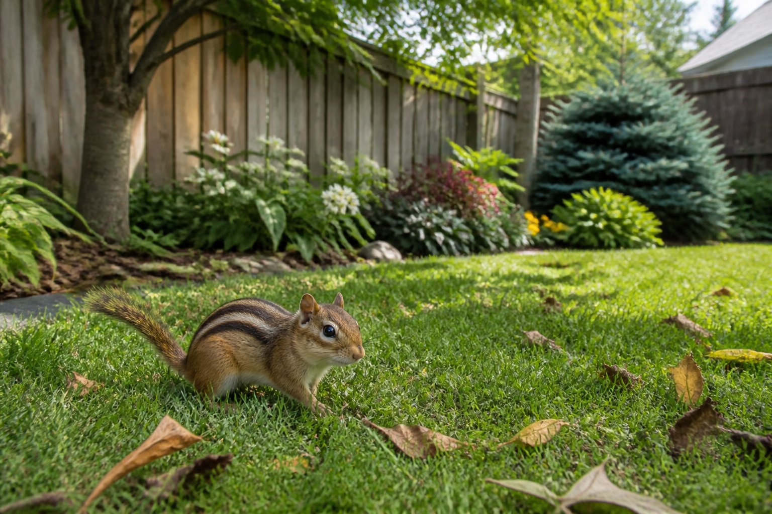A chipmunk foraging in a suburban backyard with grass, leaves, and garden plants near a wooden fence.