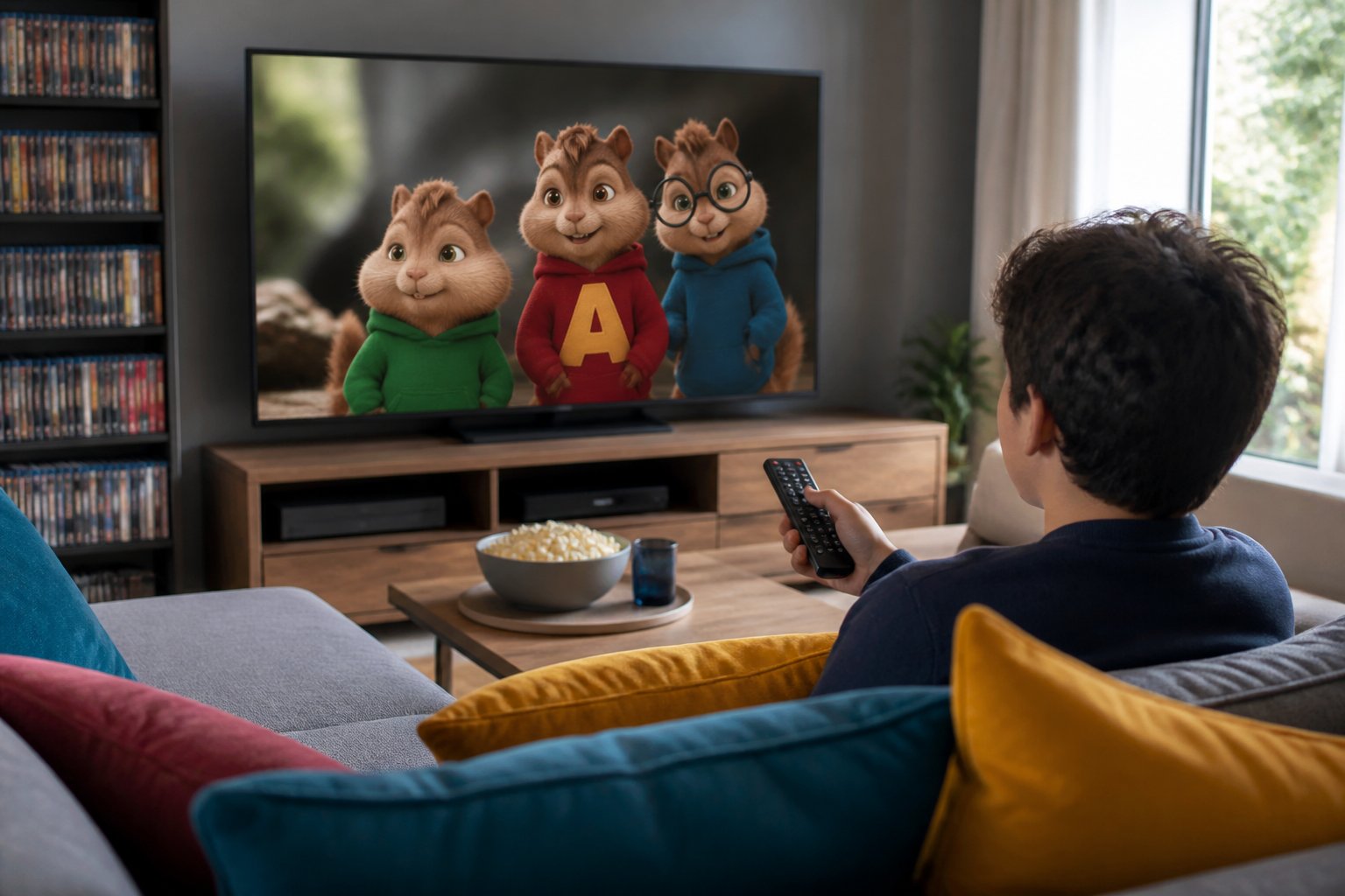 A person sitting on a sofa in a living room watching an animated chipmunks movie on a large TV.