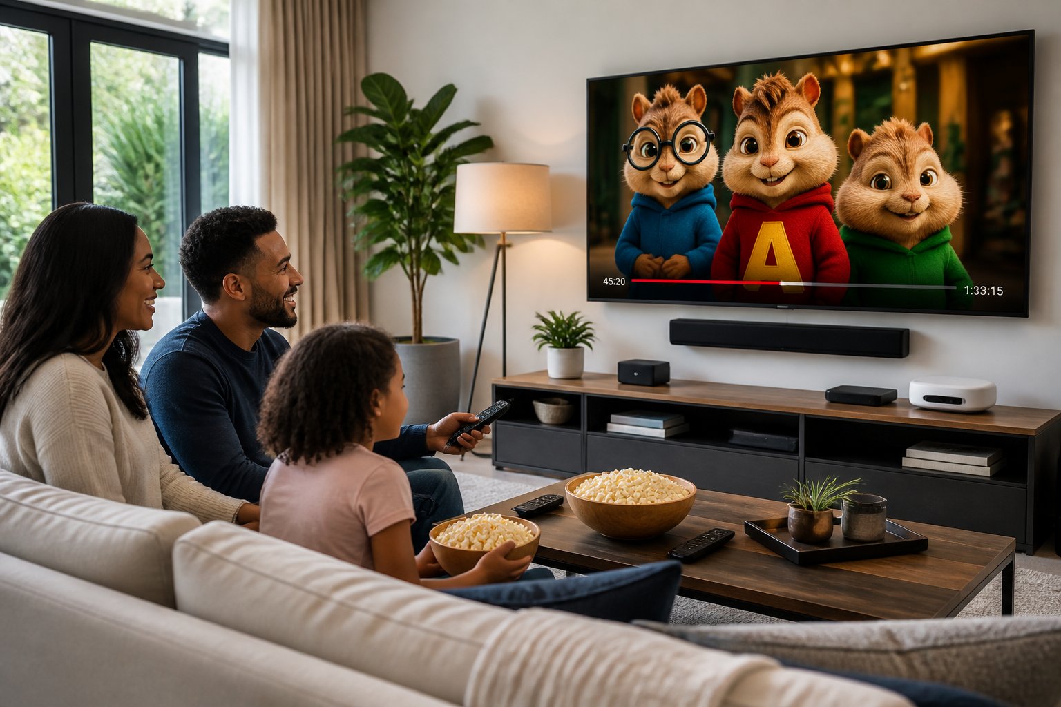 A family sitting on a sofa watching an animated movie with chipmunk characters on a large TV in a bright living room.