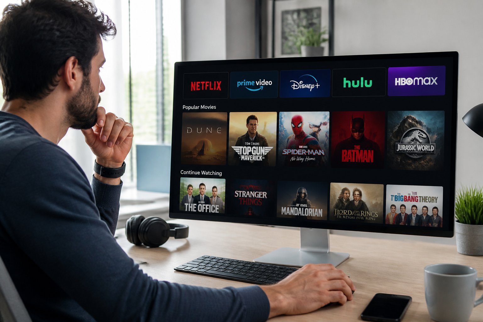 A person sitting at a desk looking at a computer screen showing various streaming service logos and movie thumbnails.